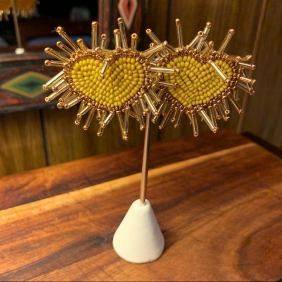 Felt Back Seed Beaded Heart Earrings in Yellow - Picture 3 of 6